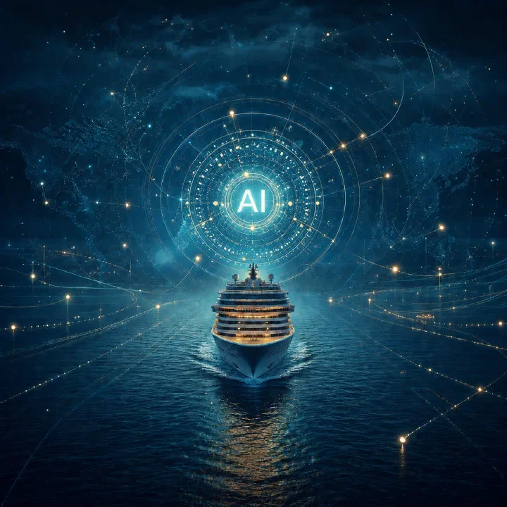 Cruise ship beneath an AI data network